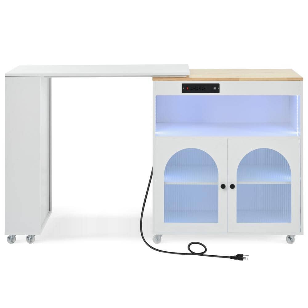 White Rubber Wood Kitchen Cart with Extended Table, LED Lights, 2 Fluted Gl