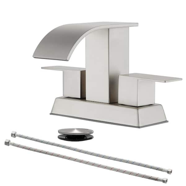 Ami 4 in. Centerset Double Handle Mid Arc Bathroom Faucet with Drain Kit Included in Brushed Nickel