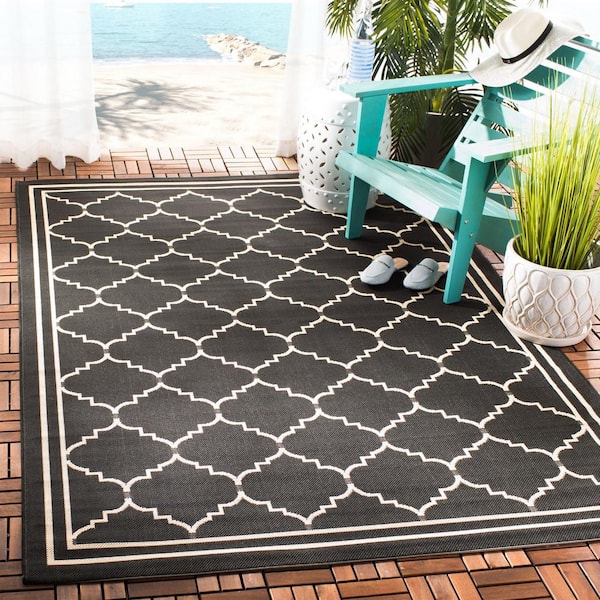 Courtyard Black/Cream 9 ft. x 12 ft. Geometric Indoor/Outdoor Patio  Area Rug