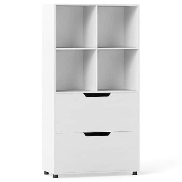 Costway 51 in. Tall White Engineered Wood 4-Shelf Standard Bookcase with Drawers and Anti-Toppling Devices