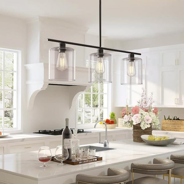 3-Light Matte Black Modern Kitchen Island Light fixtures,Linear Chandelier Pendant Hanging Light with Clear Glass Shade