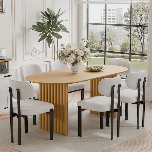 7-Pieces Oval Natural Wooden Top Dining Table Set 6-Seats with Metal Frame, Beige Fabric Cushion Wing Back Chair
