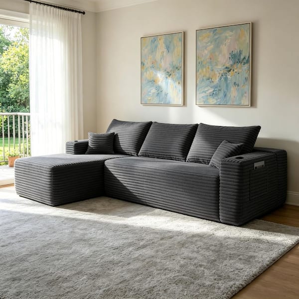 Femke 108.5 in. L-Shaped Round Arm Corduroy Upholsted Sectional Sofa in Gray