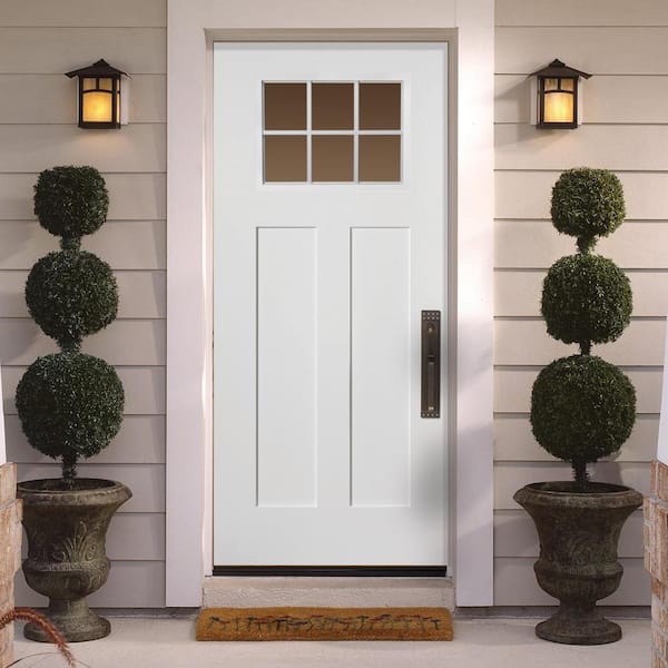 36 in. x 80 in. Craftsman 6 Lite Left Hand Inswing Primed White Smooth Fiberglass Prehung Front Door w/ Brickmold