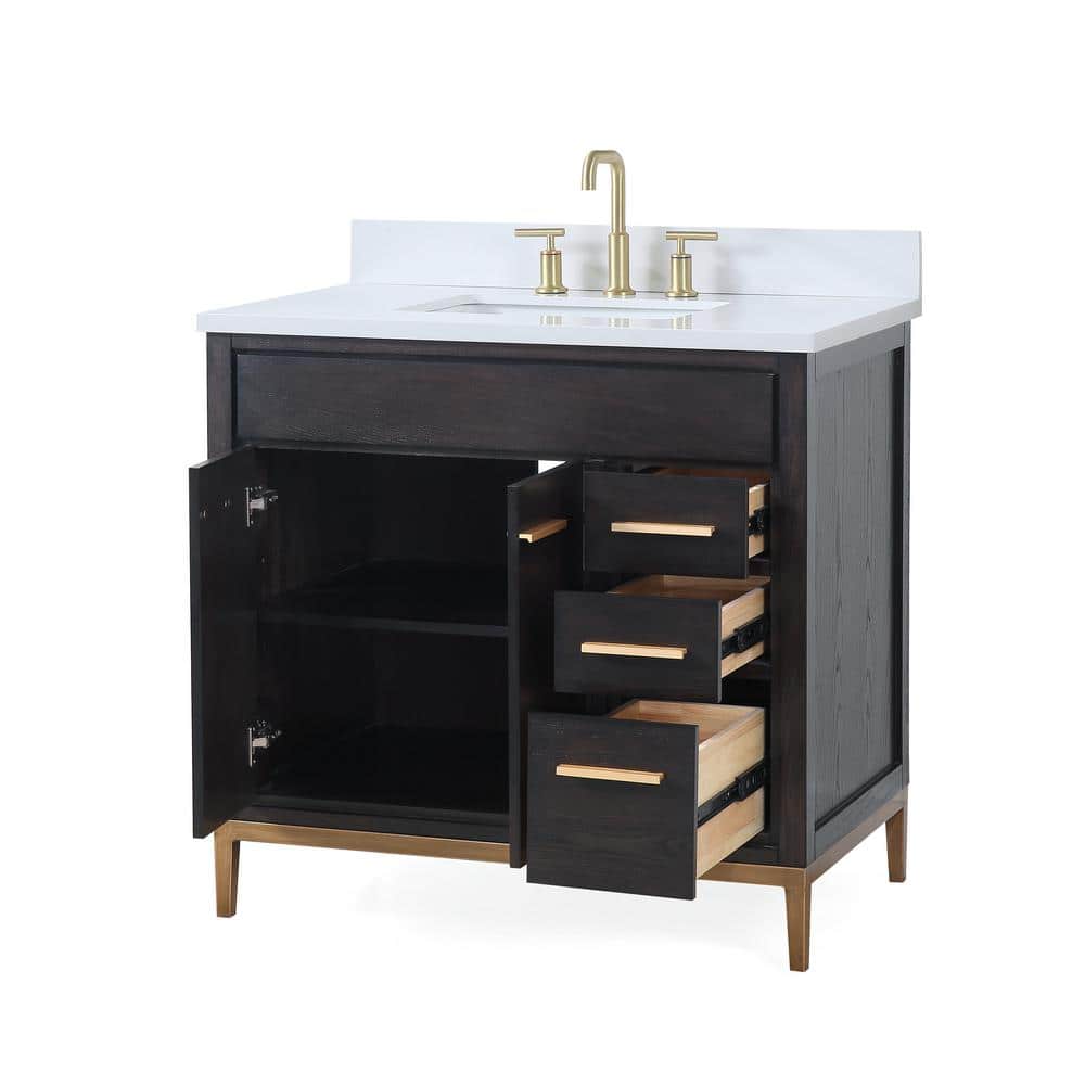 36" Wenge Espresso Modern Bathroom Vanity with White Quartz Top