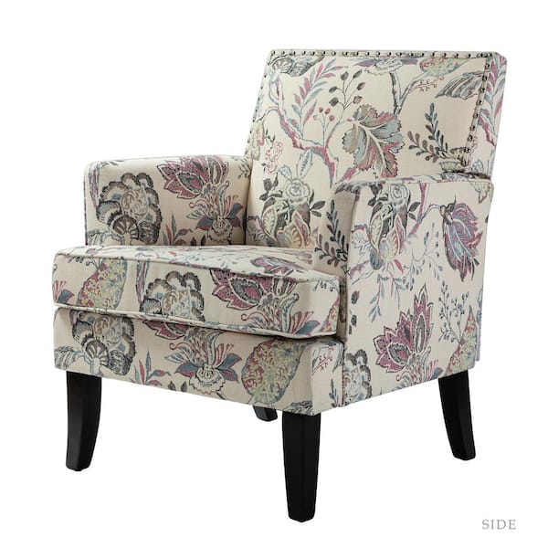 JAYDEN CREATION Herrera Contemporary Red and Grey Multi Floral Nailhead Trim Armchair with Tapered Block Wooden ft.