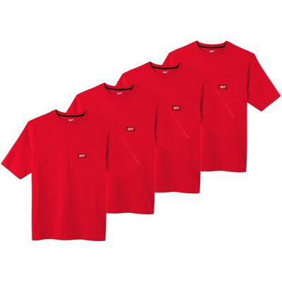 Men's X-Large Red Heavy-Duty Cotton/Polyester Short-Sleeve Pocket T-Shirt (4-Pack)