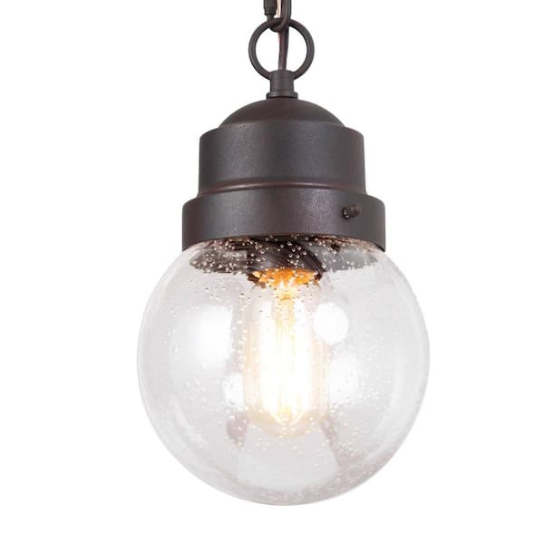 Unbranded 10. in. H 1-Light Textured Rust Modern Industrial Outdoor Pendant Light with Seeded Glass for Patio, Porch