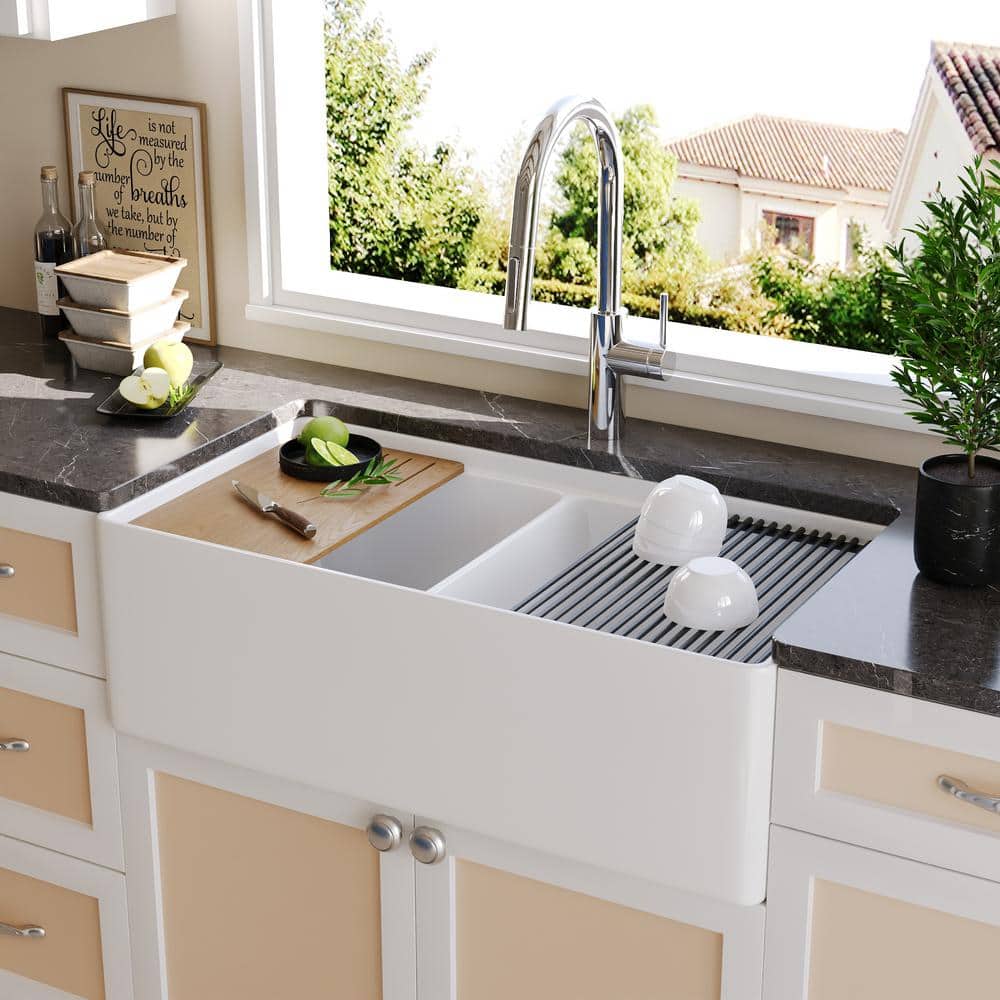 33" White Fireclay Double Bowl Farmhouse Workstation Sink