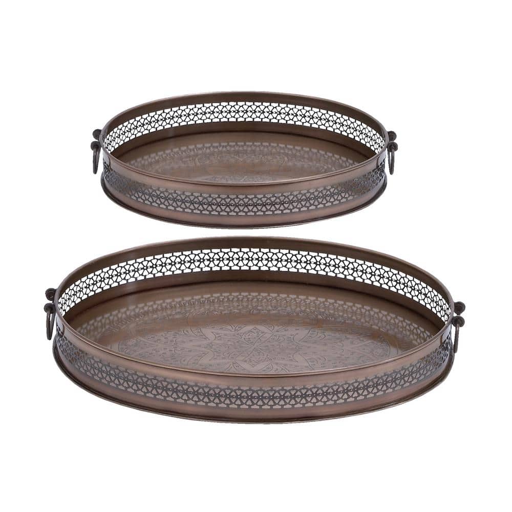 Brown Metal Oval Decorative Trays with Cut Out Design, Set of 2