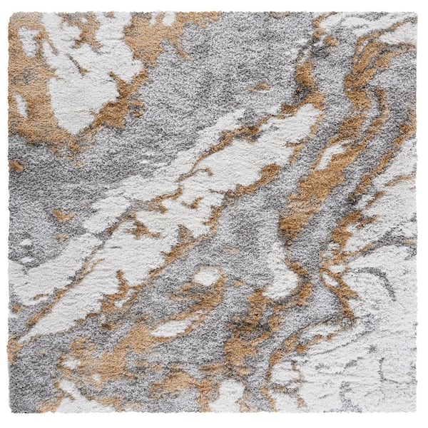 SAFAVIEH Horizon Shag Gray/Gold 9 ft. x 9 ft. Abstract Marble Square Area Rug