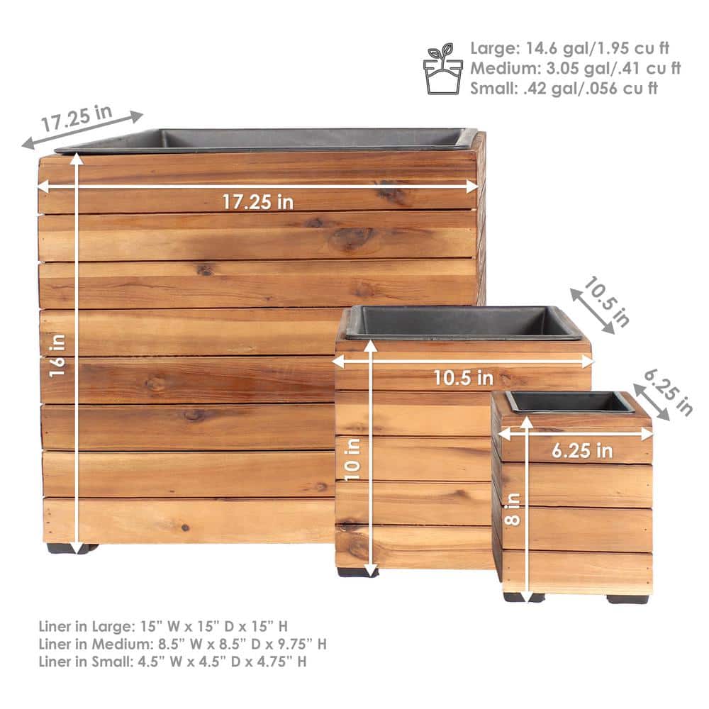 Set of 3 Light Brown Acacia Wood Square Planter Boxes with Plastic Liners