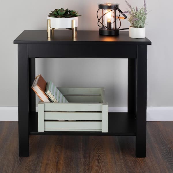 11.02in W Rectangle Narrow Wood End Table with Charging Station, Black