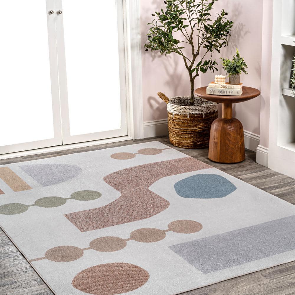 Cream and Multi Abstract Washable Kids Area Rug 4' x 6'