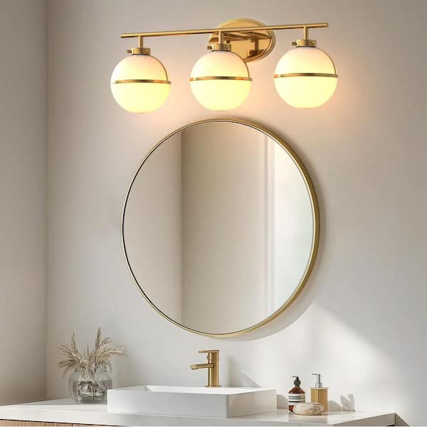 24 in. Modern 3-Light Bathroom Brass Vanity Light with White Globe Shade for Vanity Powder Room Dressing Room