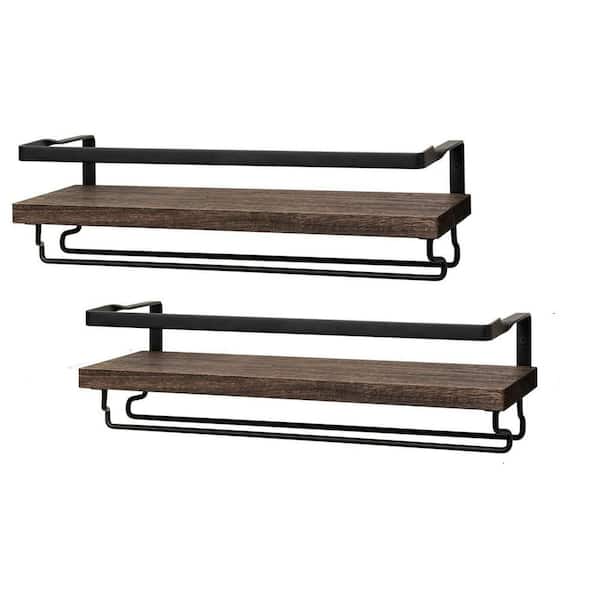 5.1 in. H x 17 in. W 6-Bottle Wood Rustic Steel Wall Mounted Wine Rack w/ Stemware Hanger for Kitchen Dining Room Brown