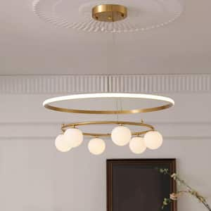 27.6 in. 6-Light Brass LED Bubble 2-Ring Chandelier for Foyer Dining Room