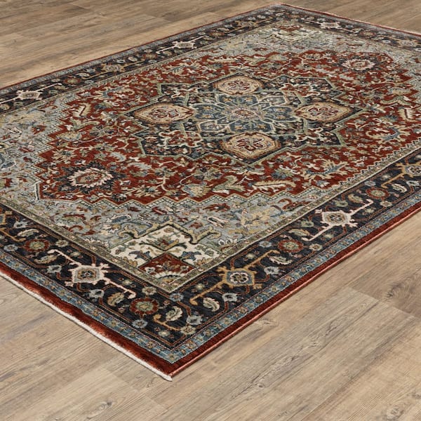 Elanor Red/Blue 10 ft. x 13 ft. Traditional Oriental Medallion Distressed Polyester Fringe-Edge Indoor Area Rug