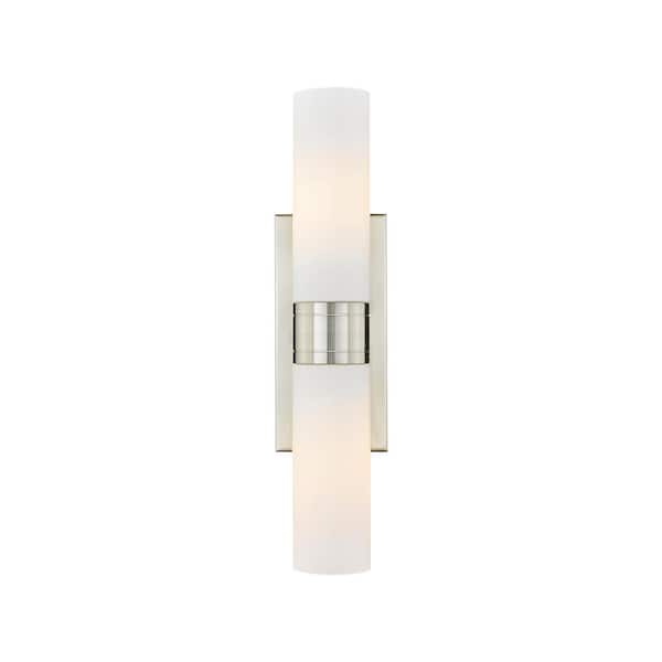 Innovations Ballston Urban 18 in. 2-Light Satin Nickel, White Vanity Light with Glass Shade