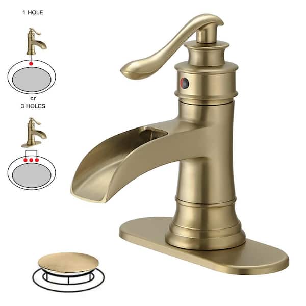 BWE 1.2 GPM Waterfall Single Hole Single-Handle Low-Arc Bathroom Faucet Water-Saving Vanity With Drain Kit In Brushed Gold