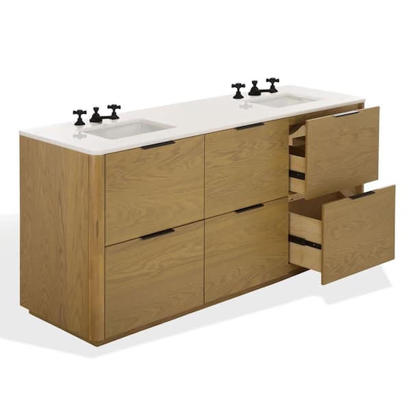 Gabrietta 72 in. Double Sink Natural Bath Vanity with White Marble Top