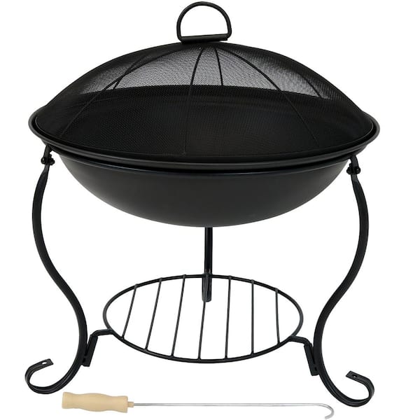 Sunnydaze 18.75 in. D x 19 in. H Raised Black Round Steel, Wood Fire Pit with Spark Screen and Stand