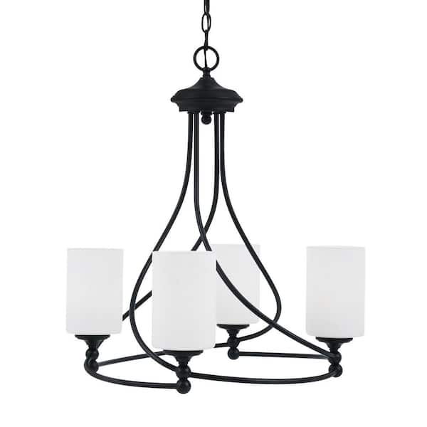 Unbranded Royale 4-Light Matte Black Chandelier, Round Chandelier with 4 in. White Muslin Glass Shades, No bulbs included