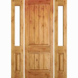 60 in. x 80 in. Rustic Knotty Alder Square Clear Stain Wood V-Groove Right Hand Single Prehung Front Door/Half Sidelites