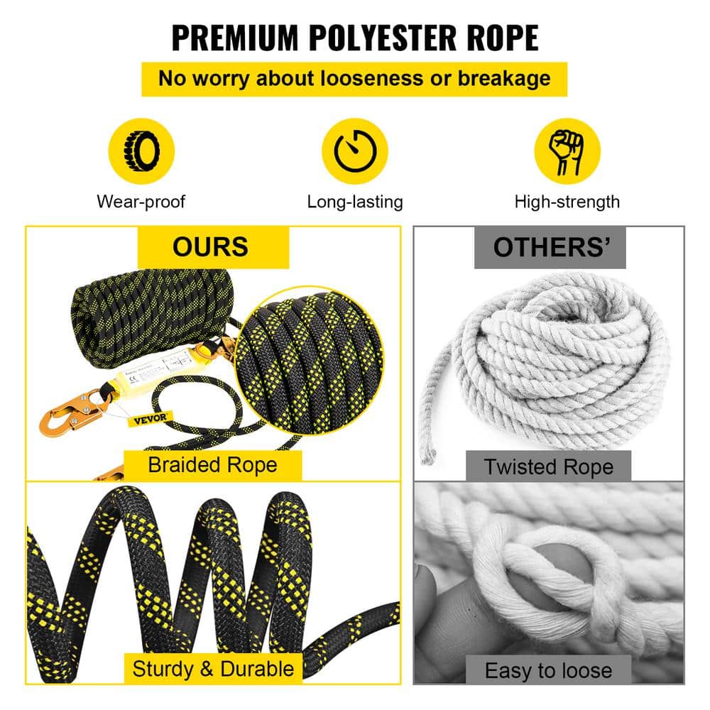 100 ft Black and Yellow Polyester Fall Protection Rope with Steel Snap Hooks