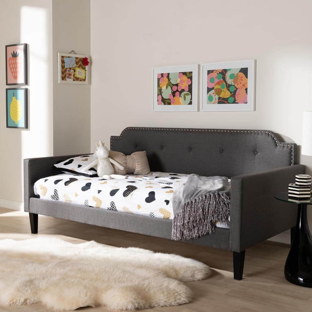 Gray Tufted Twin Fabric Sleeper Daybed with Nailhead Trim