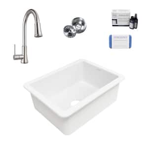 Eden 23 in. Undermount Single Bowl Crisp White Fireclay Kitchen Sink with Pfirst Faucet Kit