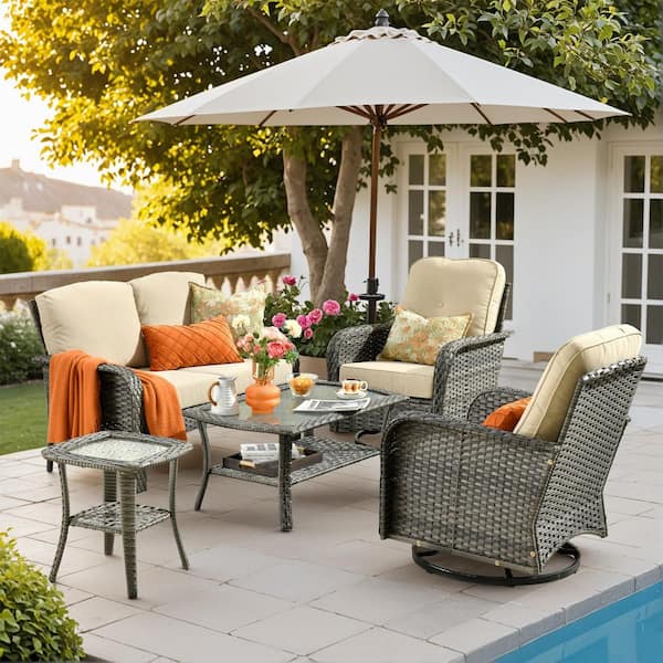 Lily A Gray 5-Piece Wicker Patio Conversation Seating Set with Swivel Rocking Chairs Coffee Table and Beige Cushion