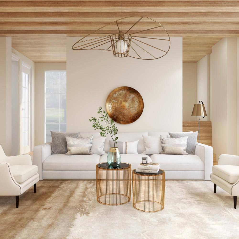Elegant Gold Metal and Black Glass Round Accent Table Set