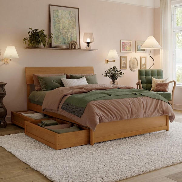 Norla Light Toffee Natural Bronze Wood Frame Full Platform Bed with Footboard and Storage Drawers