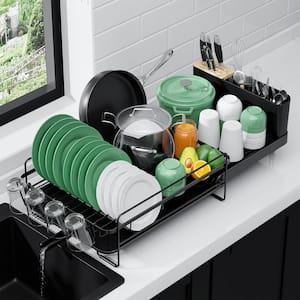 Black 19.2 in.-26.7 in. L x 12.9 in. W Extendable Dish Rack, Anti-Rust Drying Dish Rack with Cutlery and Cup Holders