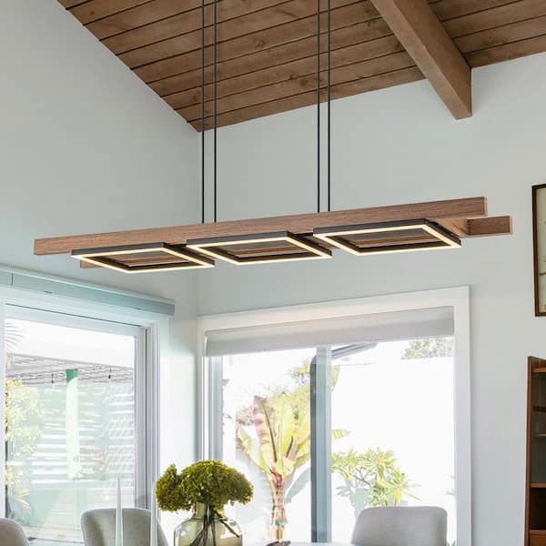 EDISLIVE Iris 3-Light Integrated LED Wood Linear Farmhouse Chandelier Kitchen Island Pendant with Accents