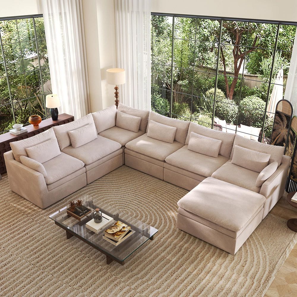 156 in. Square Arm 7-Piece Polyester Down Feather Modular Sectional Sofa Free Combination Couch with Ottoman in Khaki