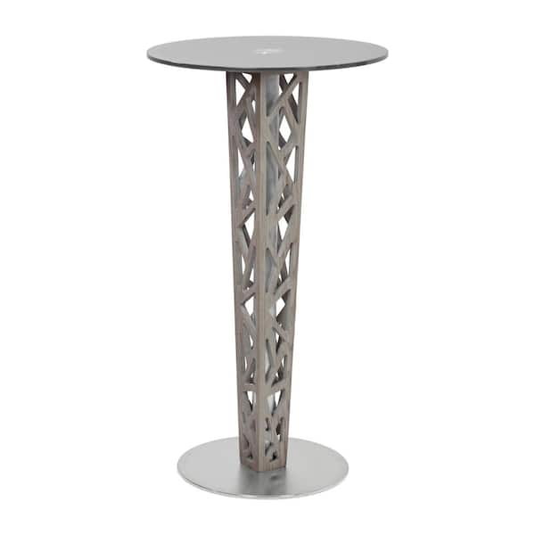 Armen Living Crystal Gray Walnut Veneer Column and Brushed Stainless Steel with Gray Tempered Glass Top Pub Table