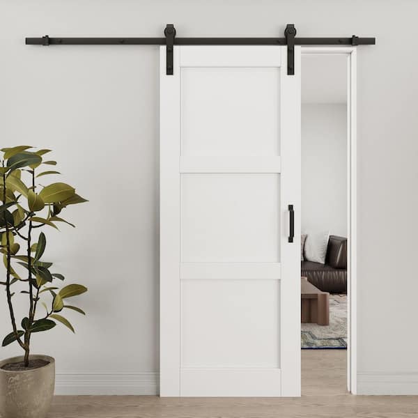 ARK DESIGN 32 in. x 80 in. White 3-Panel Blank Solid Core Composite MDF Wood Primed Sliding Barn Door with Hardware Kit