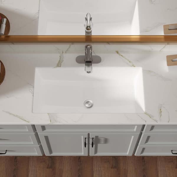 28 in. Undermount Rectangular Bathroom Sink with Overflow in White Ceramic, 28 in. x 14 in. White Ceramic Bathroom Sink