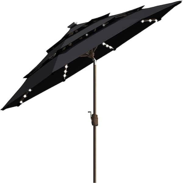 Terracemaster 9 ft. 3-Tiers Market Umbrella Solar Patio Umbrellas 10-Year-Non-Fading Sunumbrella w/ 80 LED Lights in Black