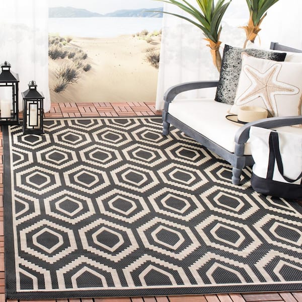 Courtyard Black/Beige 5 ft. x 8 ft. Geometric Indoor/Outdoor Patio  Area Rug