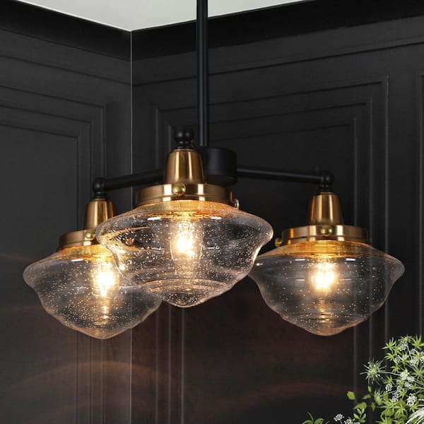 Zevni Farmhouse 16 in. 3-Light Plated Brass Sputnik Chandelier, Seeded Glass Black Pendant Light, Modern Hanging Light Fixture