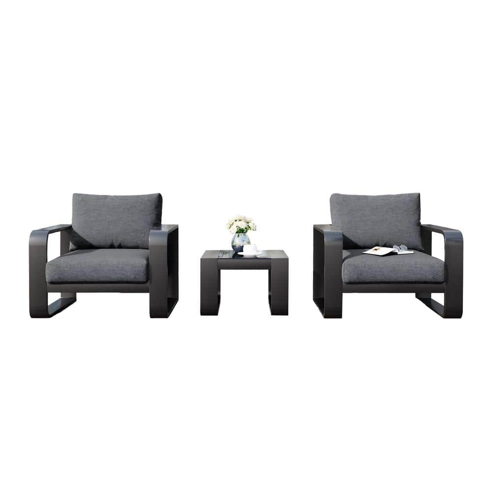 3-Piece Black Aluminum Outdoor Patio Conversation Set Sectional Set with Th