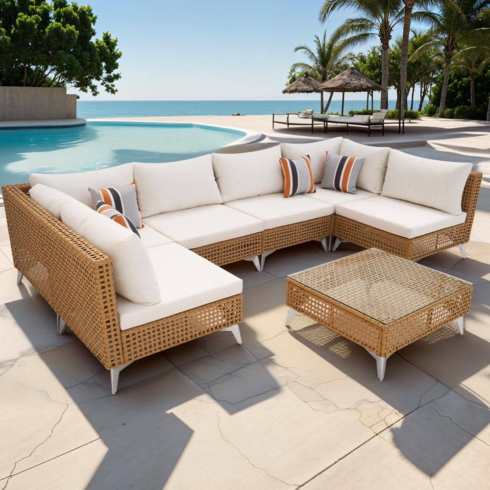7-Piece Wicker Outdoor Patio Conversation Sofa Set with Beige Cushions and Coffee Table