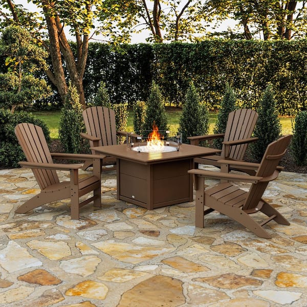 Grant Park Teak 5-Piece Plastic Patio Adirondack Patio Conversation Set with Patio Fire Pit Table