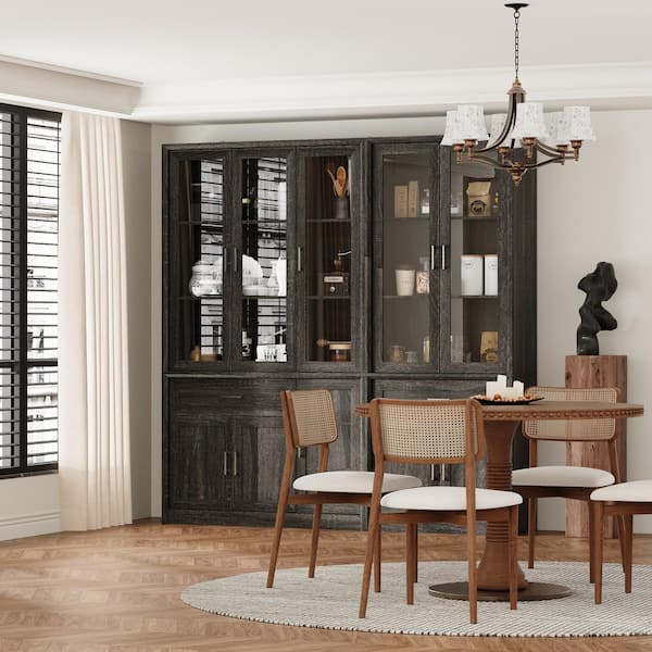 79.9 in. Tall Brown Wood Grain 14-Shelf Standard Bookcase, Storage Cabinet, Sideboard w/ 2-Large Drawer and 5-Glass Door