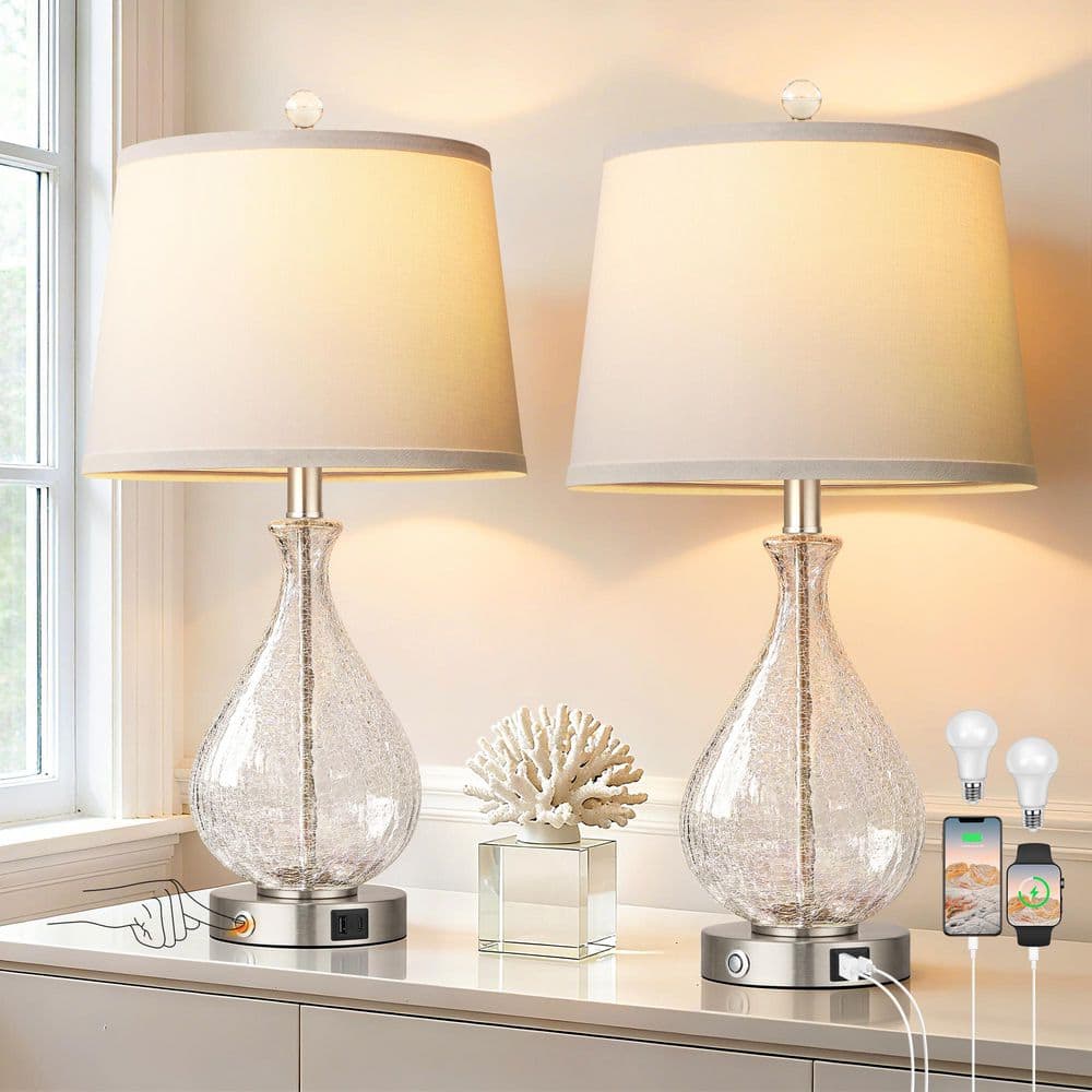 22.5'' Modern Glass Table Lamps Set of 2 with USB A+C, 3 Way Dimmable Touch Lamps for Living Room, Bedroom Office, Clear price history on PriceWatchPro