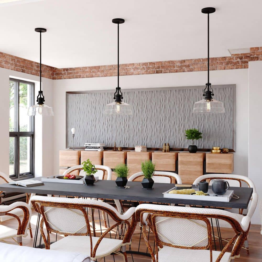 Matte Black 12" Farmhouse Style Pendant Light with Glass