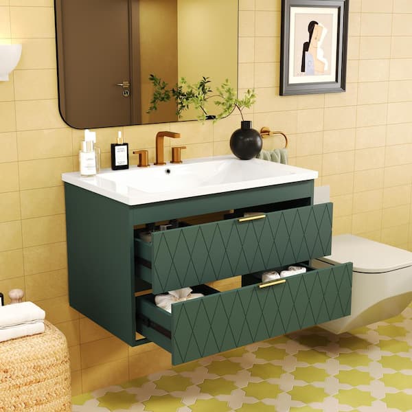30 in. W x 18 in. D x 19 in. H Single Sink Wall Mounted Bath Vanity in Green with White Resin Top